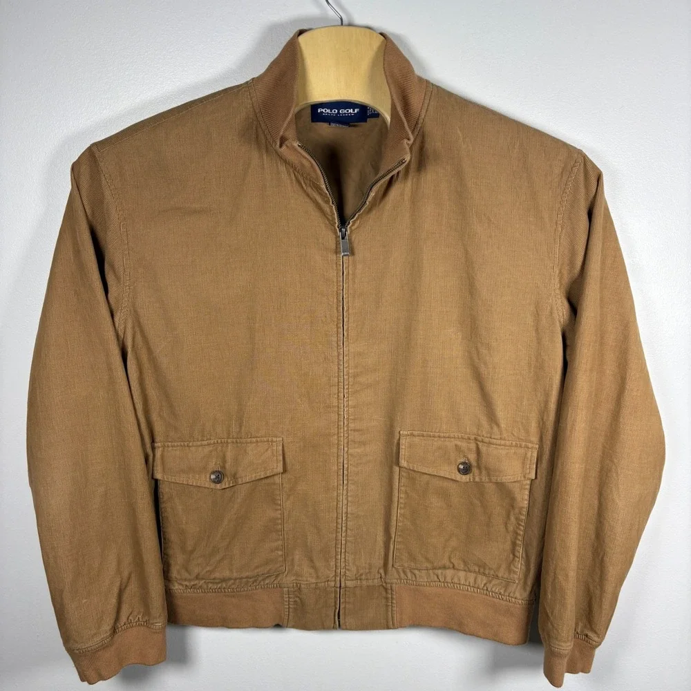 Polo Golf Ralph Lauren Mens XL Tan Corduroy Harrington Bomber Jacket Full Zip